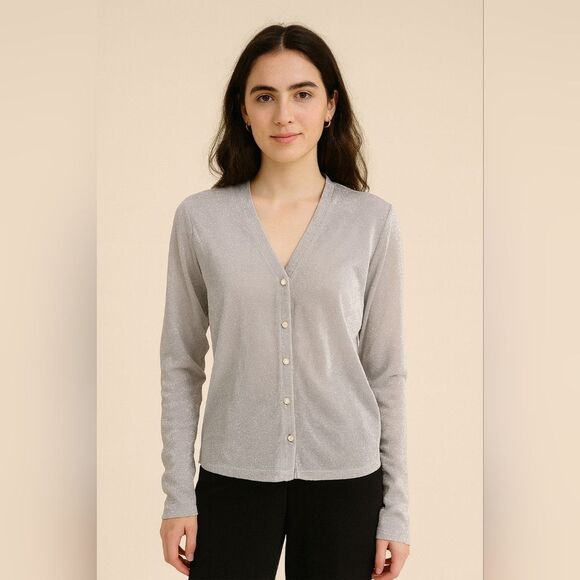 Button Front Sweater Silver Bling S Vneck Shimmer Glittercore Light Academia Pre - Picture 1 of 6
